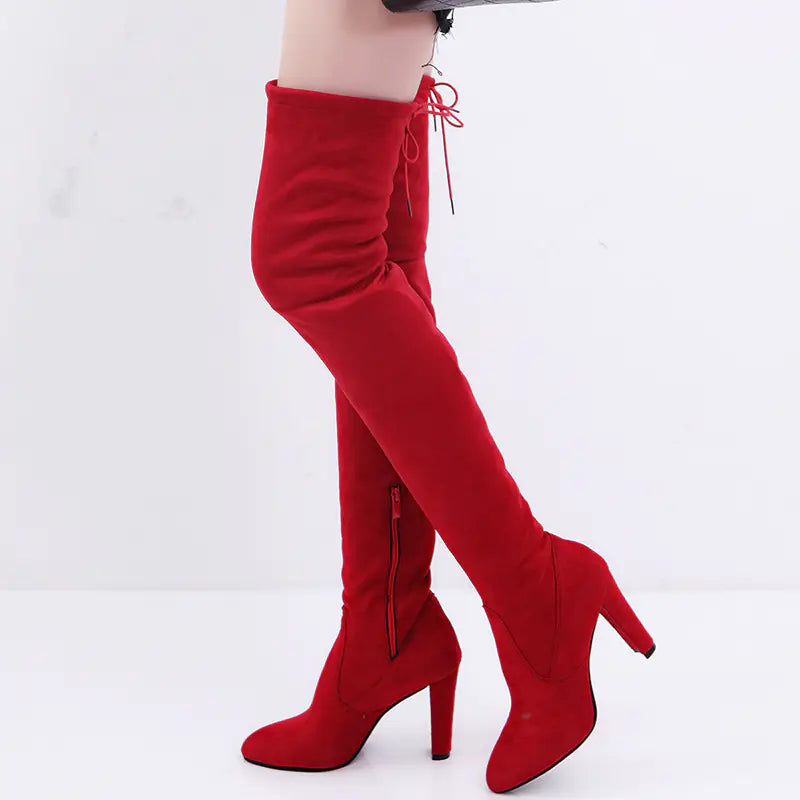 Knee-High Stiletto Suede Boots with Chunky Heels
