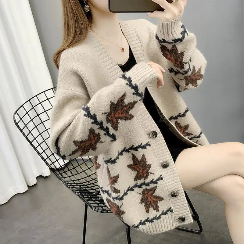 Maple Leaf Jacquard Women's Loose Knit Cardigan