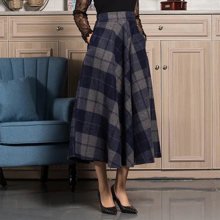 Women's Mid-Length Plaid A-line High Waist Winter Skirt