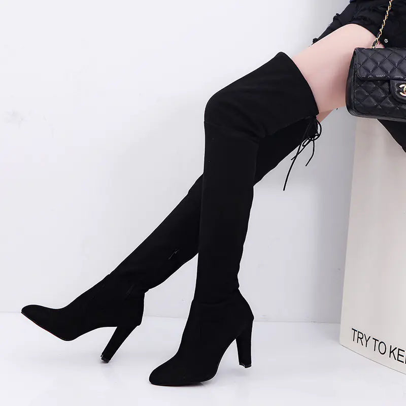 Knee-High Stiletto Suede Boots with Chunky Heels