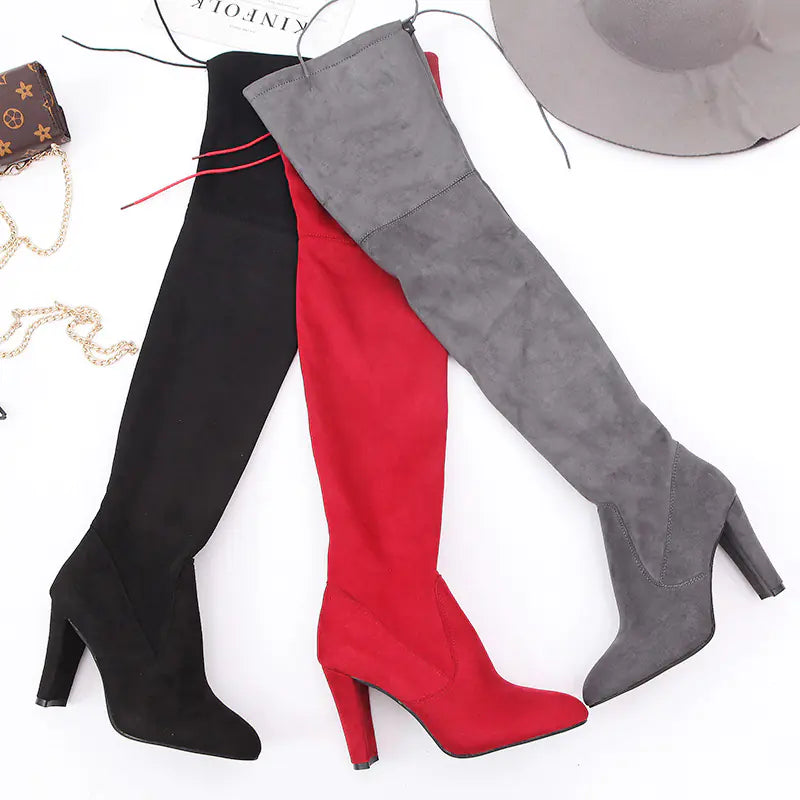 Knee-High Stiletto Suede Boots with Chunky Heels