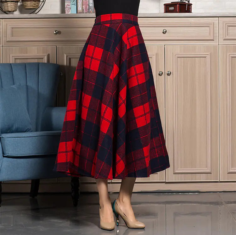 Women's Mid-Length Plaid A-line High Waist Winter Skirt
