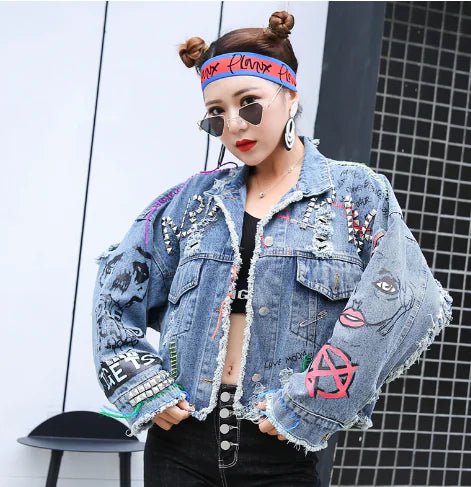 Graffiti Letter Print Denim Jacket, Loose Fit Design