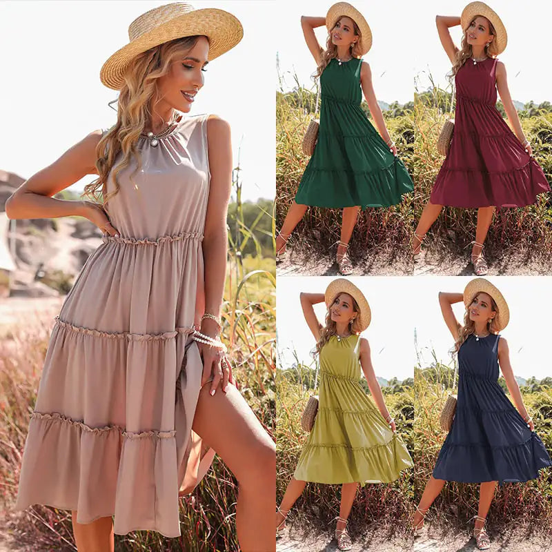 Solid Color Pleated Dress with Fungus Trim