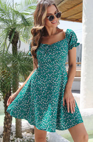 Printed Cross-Back Short Sleeve Dress