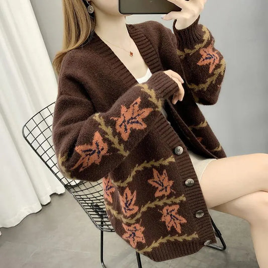 Maple Leaf Jacquard Women's Loose Knit Cardigan
