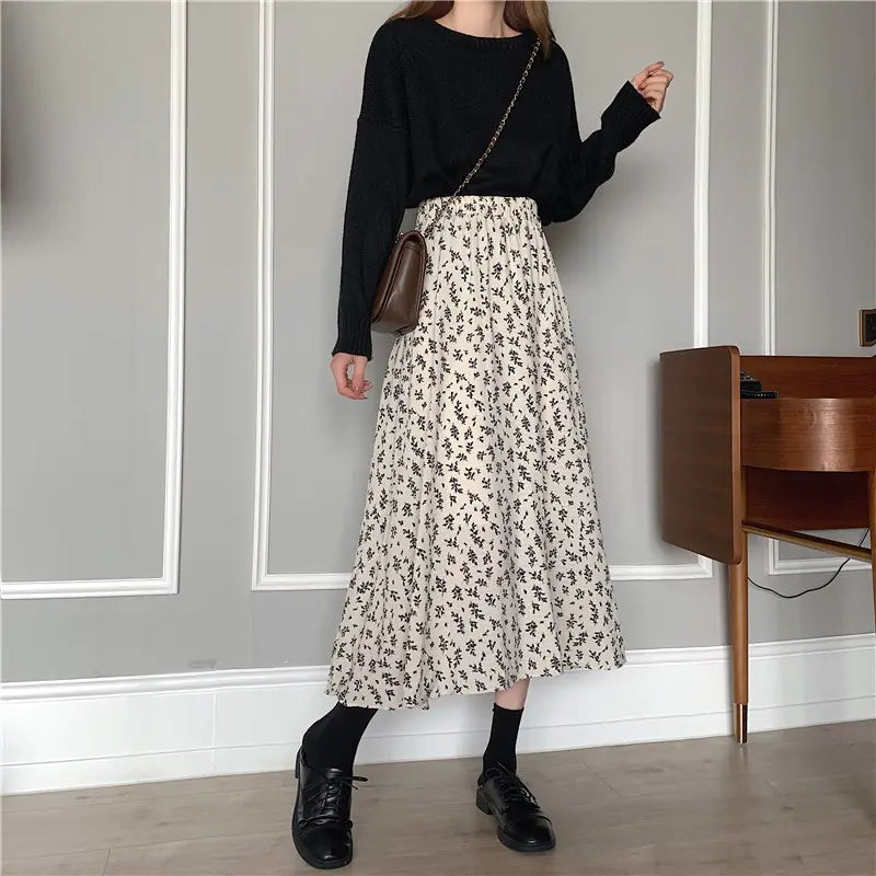 Floral High Waist Slimming Korean Midi A-Line Skirt