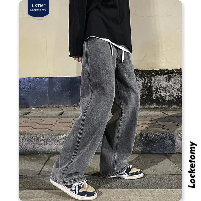 LKTM Men's Hip-Hop Loose Fit Denim Wide-Leg Pants