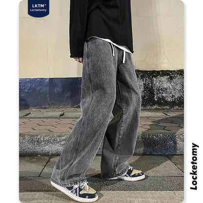 LKTM Men's Hip-Hop Loose Fit Denim Wide-Leg Pants