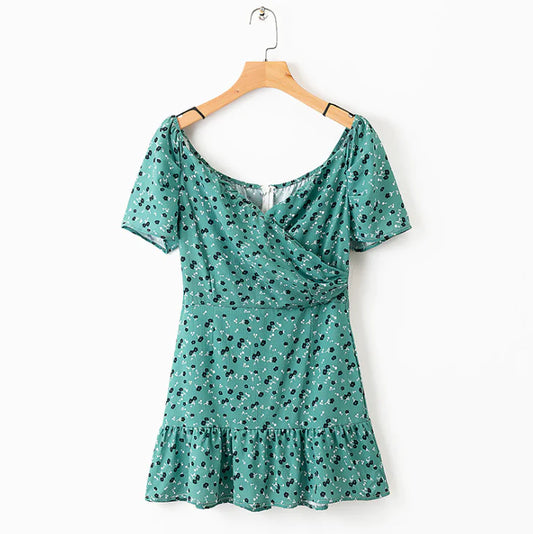 Printed Cross-Back Short Sleeve Dress