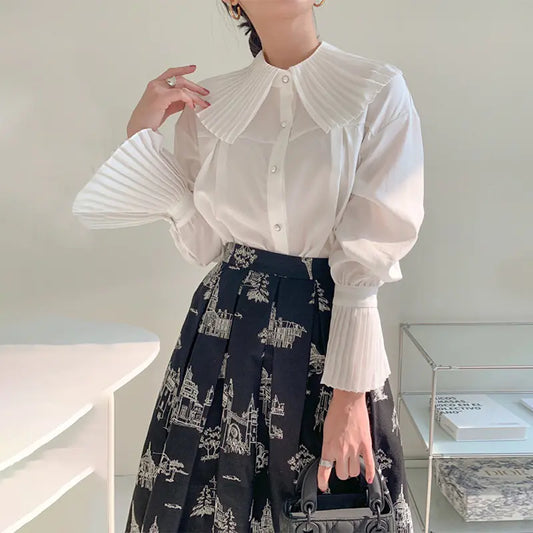 Pleated Large Lapel Single-Breasted Flared Sleeve Shirt