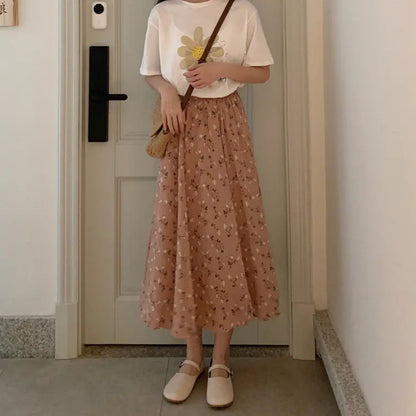 Floral High Waist Slimming Korean Midi A-Line Skirt