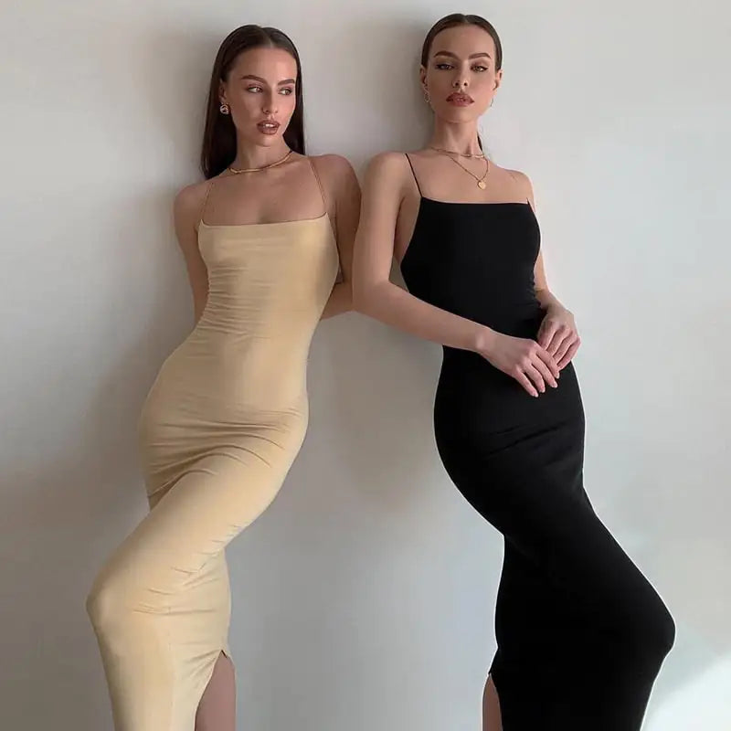 Sling Fashion Slim Fit Solid Color Dress with Slit