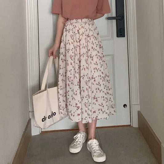 Floral High Waist Slimming Korean Midi A-Line Skirt