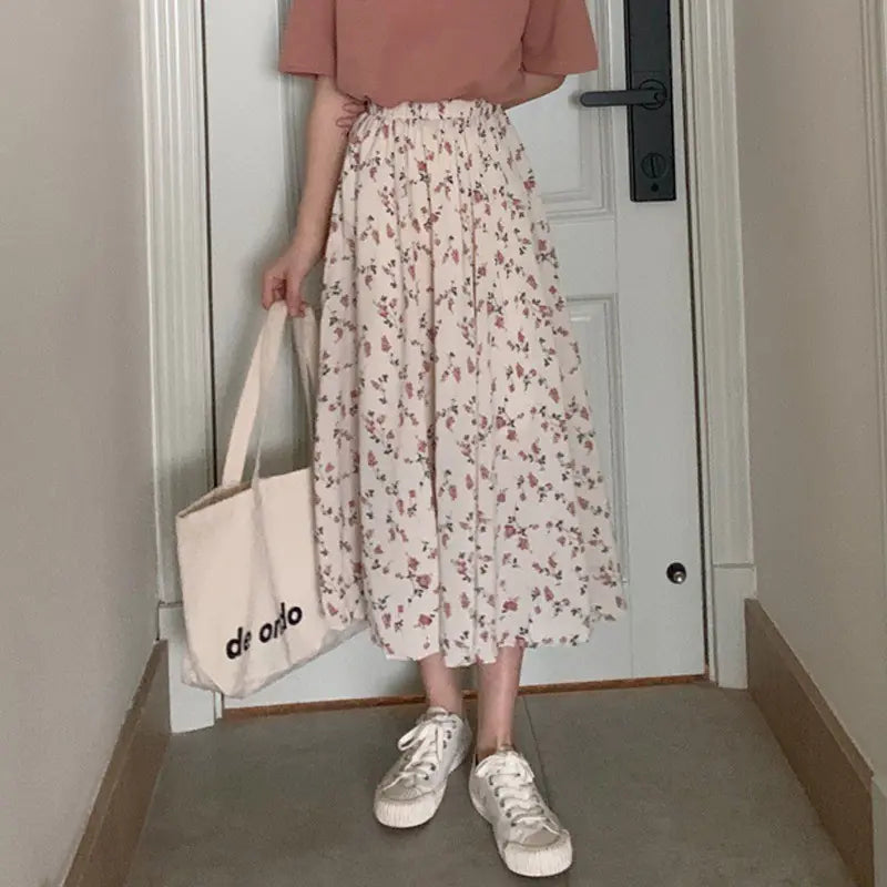 Floral High Waist Slimming Korean Midi A-Line Skirt