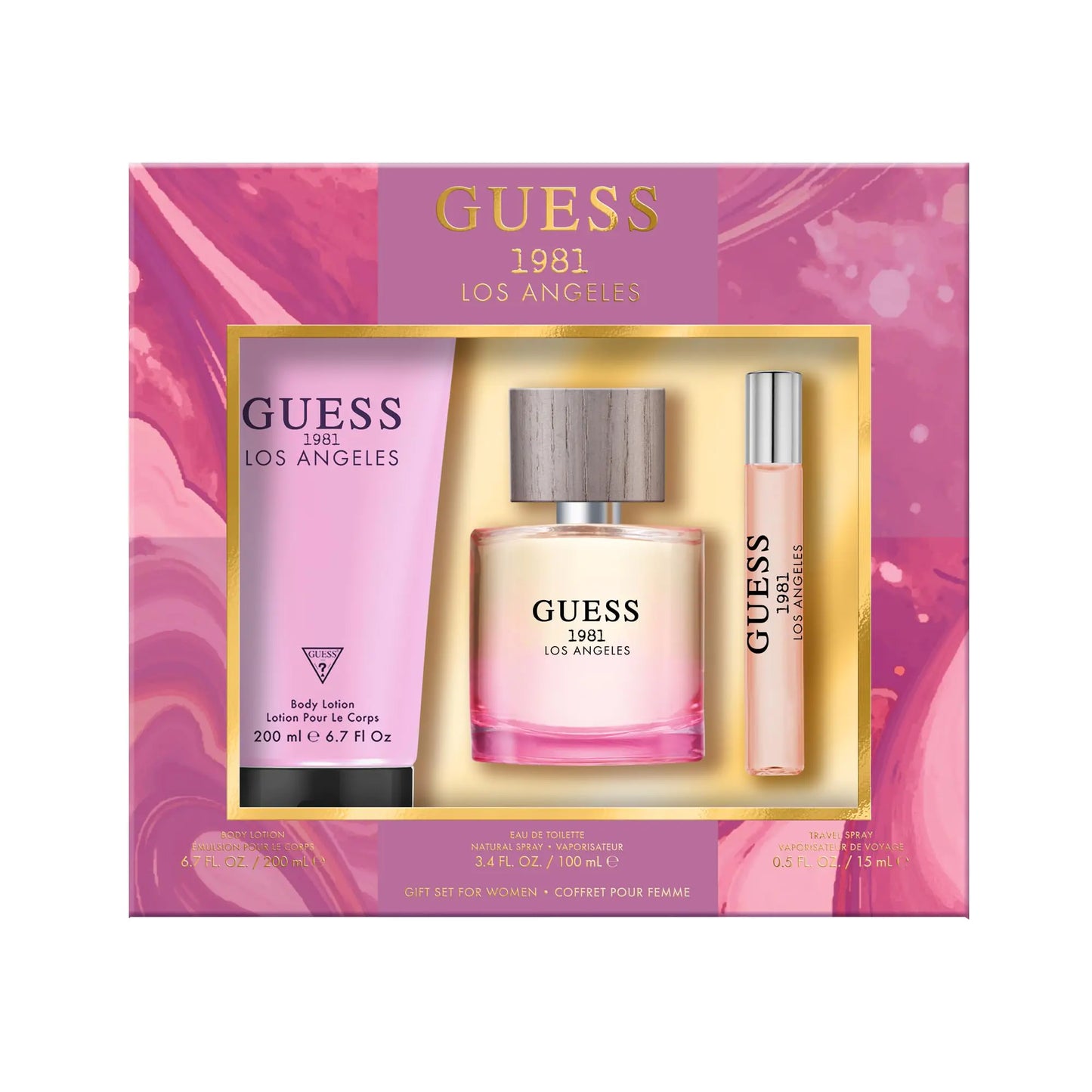 GUESS 1981 Los Angeles Women/Femme Eau de Toilette 3 Piece Gift Set - Perfume Spray 3.4 Fl. Oz. Travel Spray 0.5 Fl. Oz. & Body Lotion 6.7 Fl. Oz.