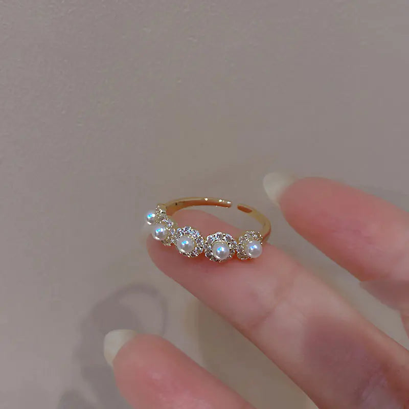S925 Sterling Silver Adjustable Pearl Ring with Diamonds