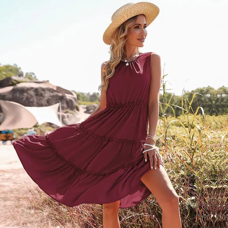Solid Color Pleated Dress with Fungus Trim