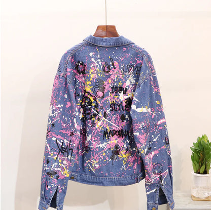 Graffiti Letter Print Denim Jacket, Loose Fit Design