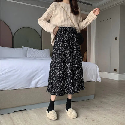 Floral High Waist Slimming Korean Midi A-Line Skirt