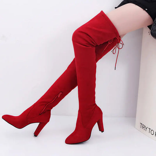Knee-High Stiletto Suede Boots with Chunky Heels
