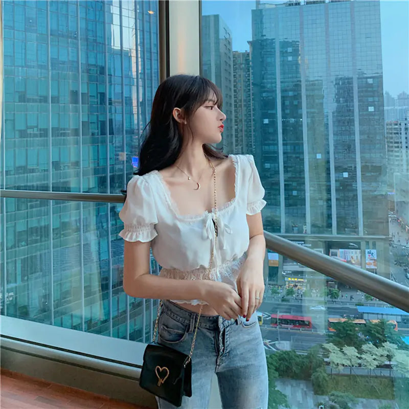Vintage Lace Crop Chiffon Top with Tie Detail