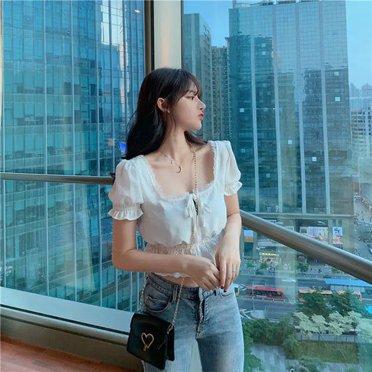 Vintage Lace Crop Chiffon Top with Tie Detail