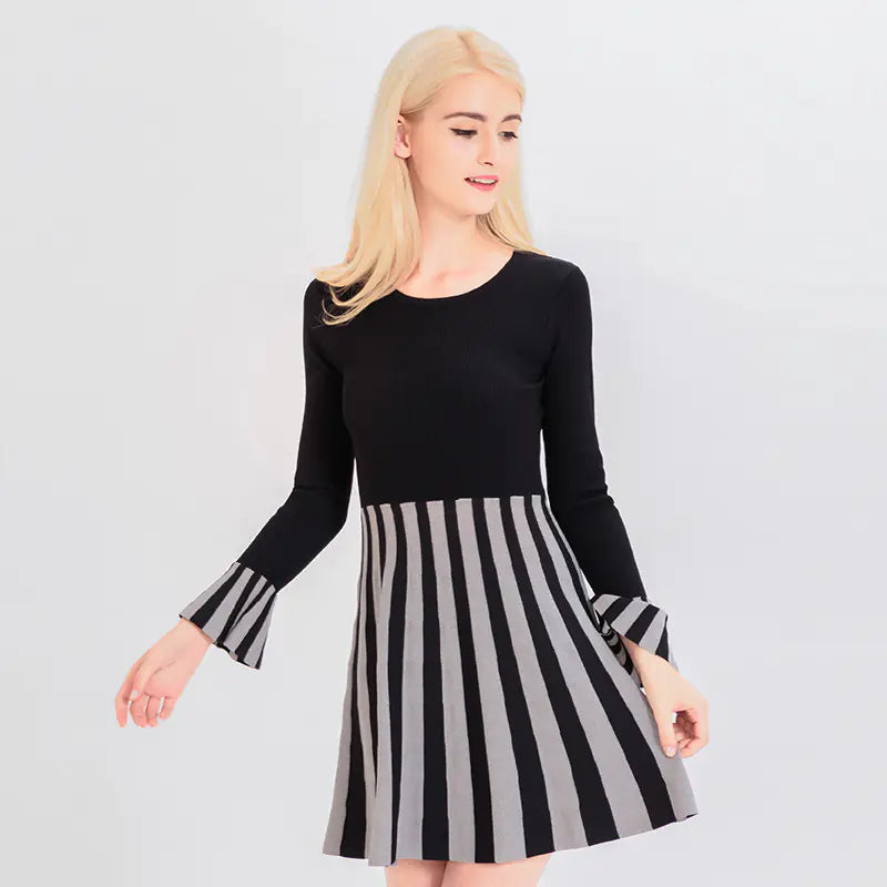 Autumn Knit Bodycon Dress with Flare Sleeves