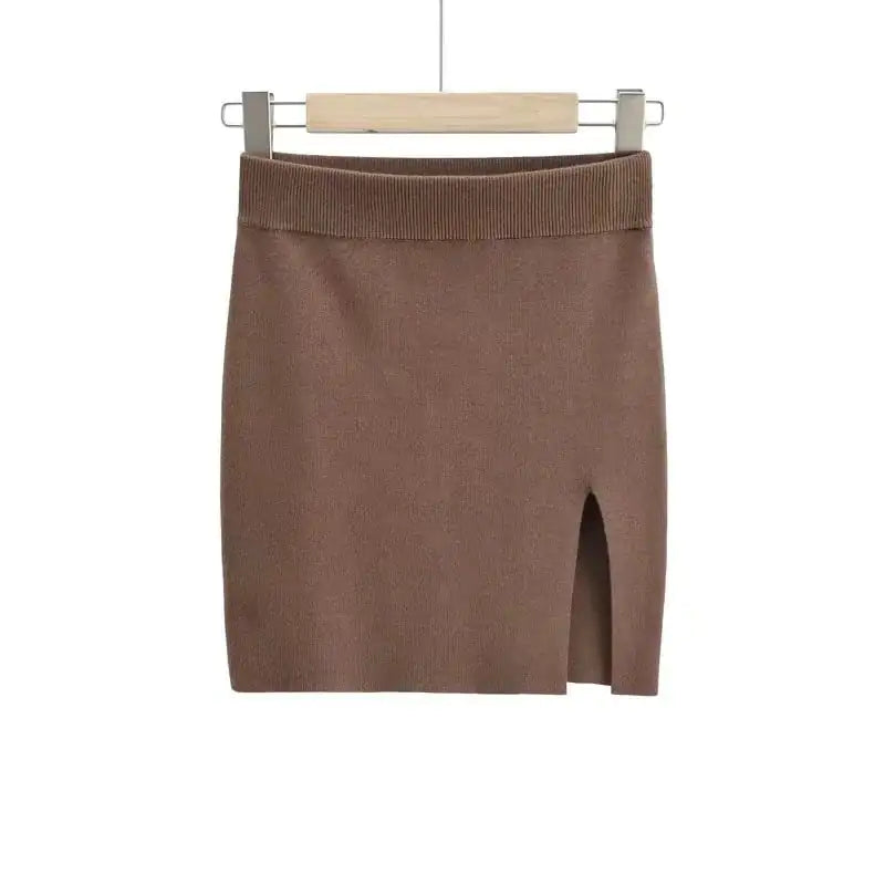 High Waist Stretch Knit Side Slit Tight Skirt
