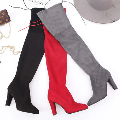 Knee-High Stiletto Suede Boots with Chunky Heels