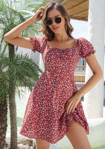Printed Cross-Back Short Sleeve Dress