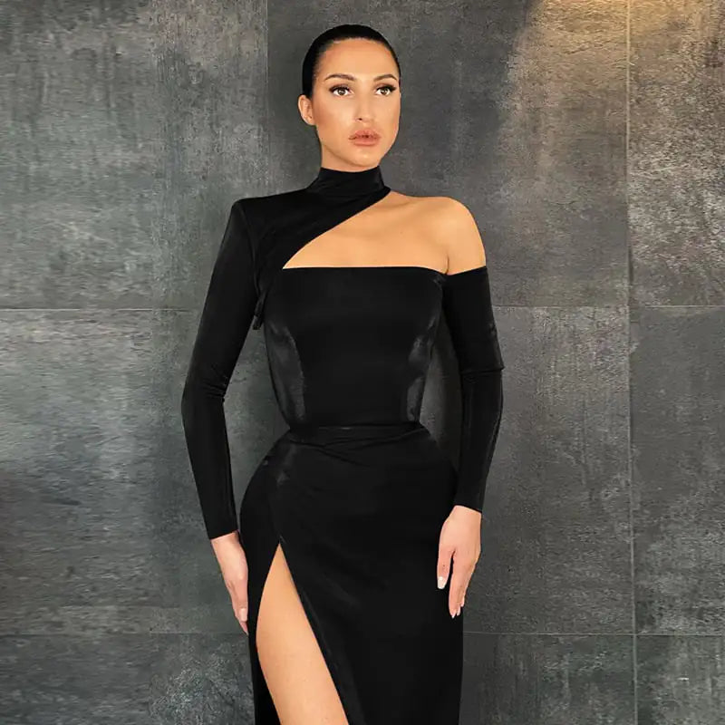 Padded One-Shoulder Long Dress with Slit