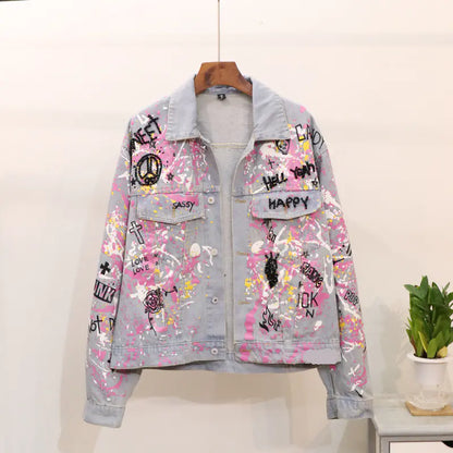 Graffiti Letter Print Denim Jacket, Loose Fit Design