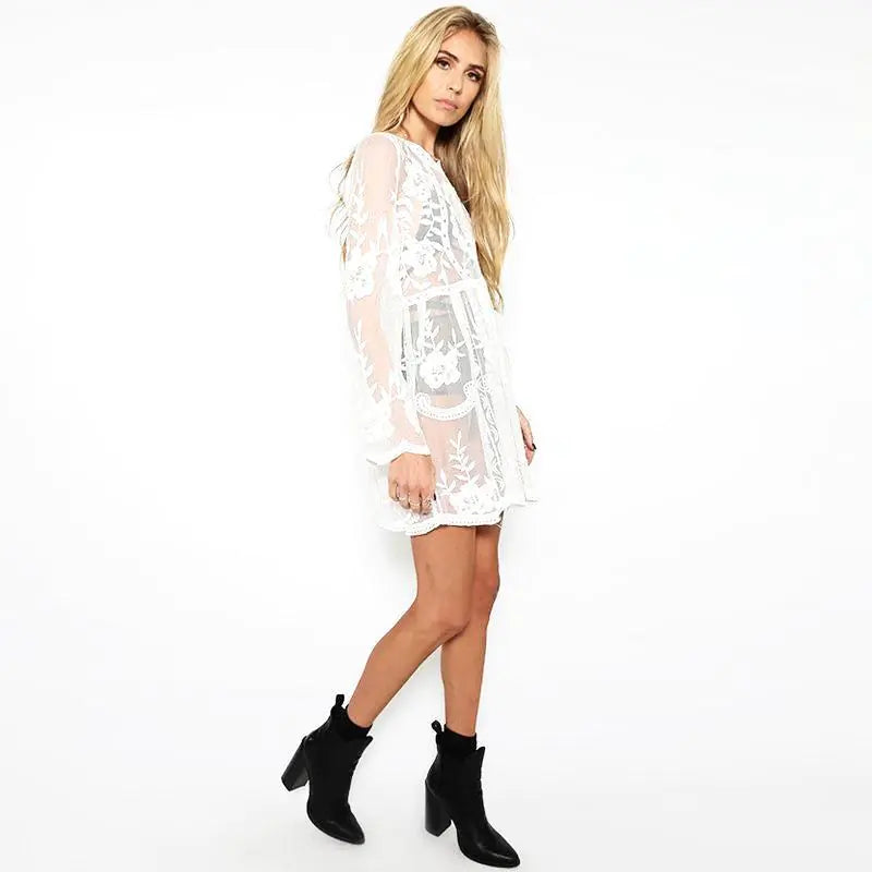 Embroidered Lace Sheer Dress with Bell Sleeves