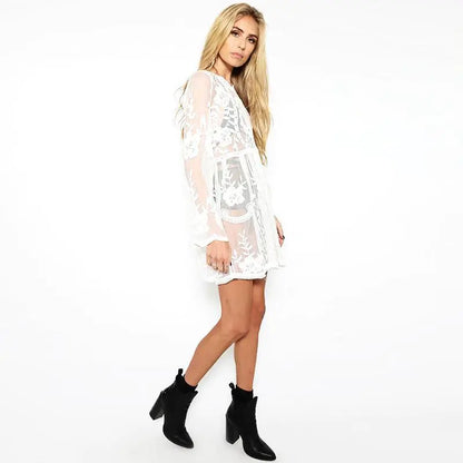 Embroidered Lace Sheer Dress with Bell Sleeves