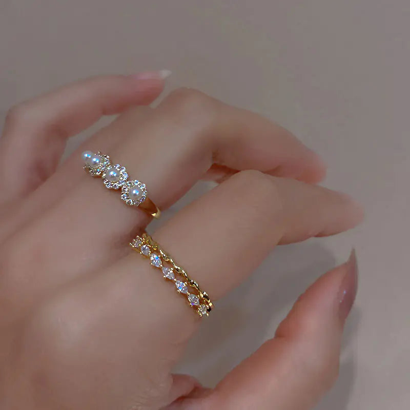 S925 Sterling Silver Adjustable Pearl Ring with Diamonds