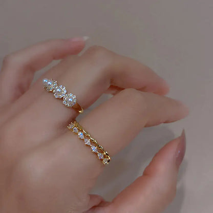 S925 Sterling Silver Adjustable Pearl Ring with Diamonds